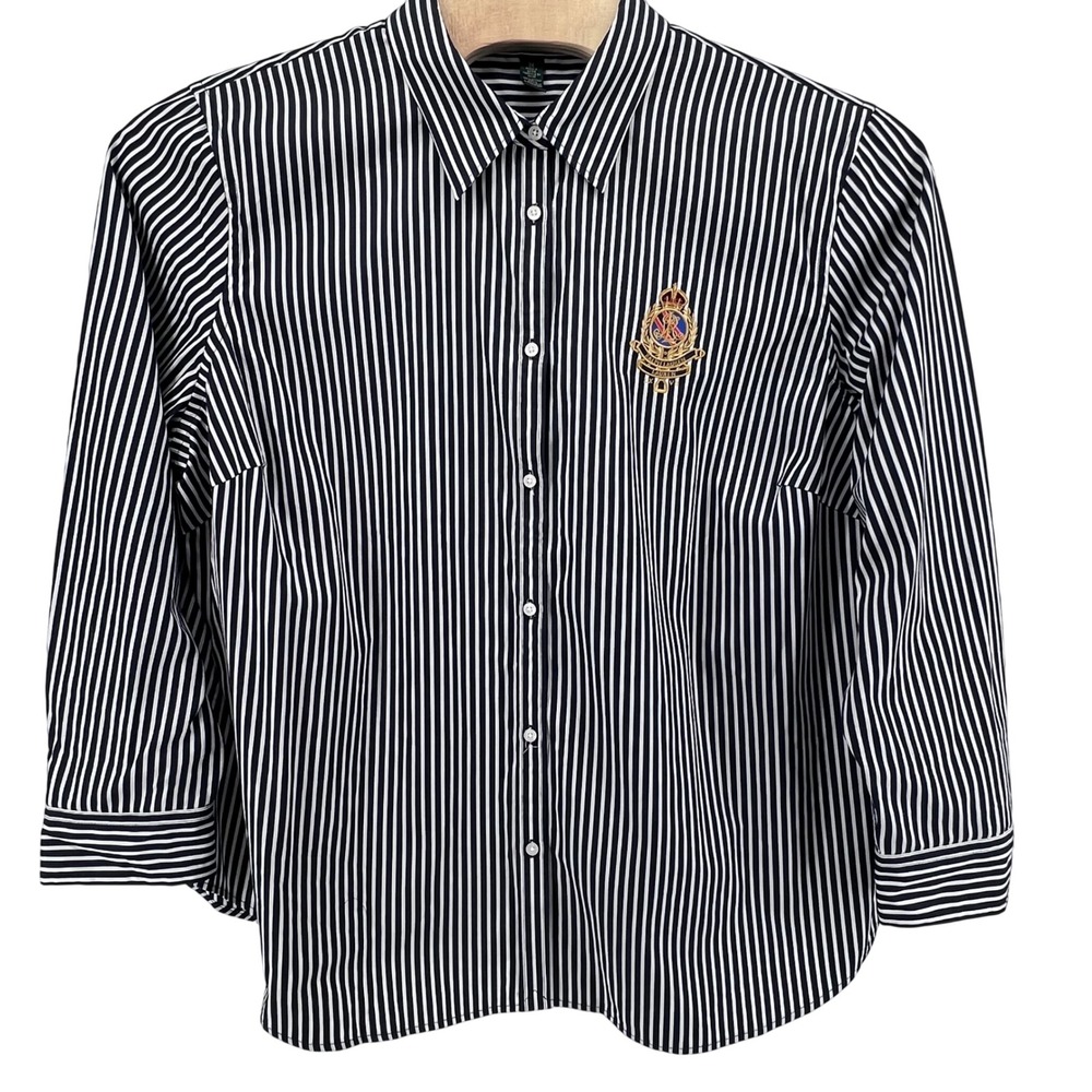 Lauren Ralph Lauren Women 3X Black/White Striped Crest Button Down Shirt Cotton